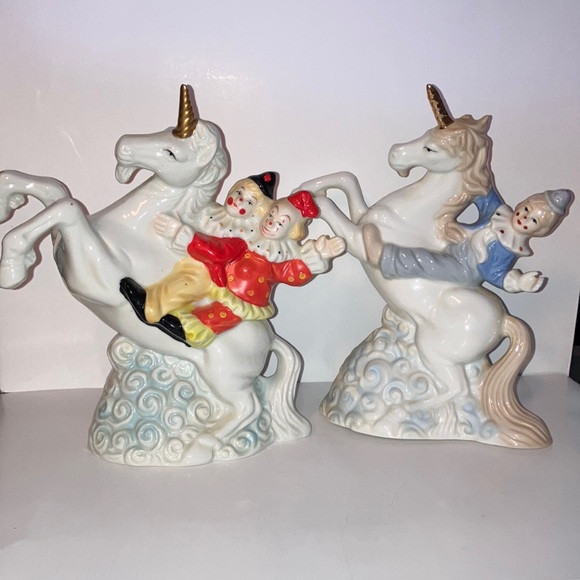 Flambro Fine‎ Porcelain Vintage Clowns on Unicorns Set (one musical) - Picture 1 of 11